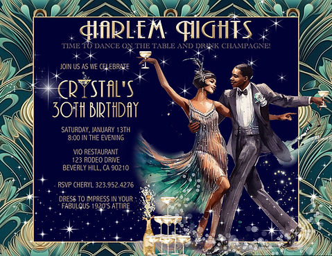 Harlem Nights Peacock Dancing Couple Birthday Invitation (sold in sets of 10) | Cheryl's Invitations Harlem Nights Peacock Dancing Couple Birthday Invitation (sold in sets of 10) | Cheryl's Invitations