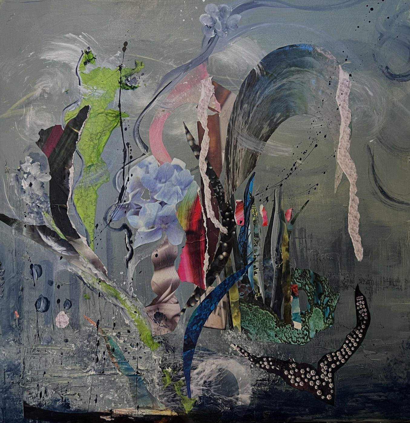 The Day We Spoke Again contemporary abstract mixed media giclée print featuring botanical forms, layered collage, flowing org