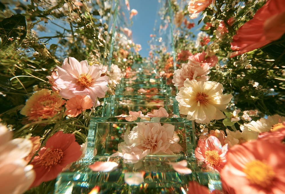 Glass stairs surrounded by blooming pink flowers. | couples therapy california