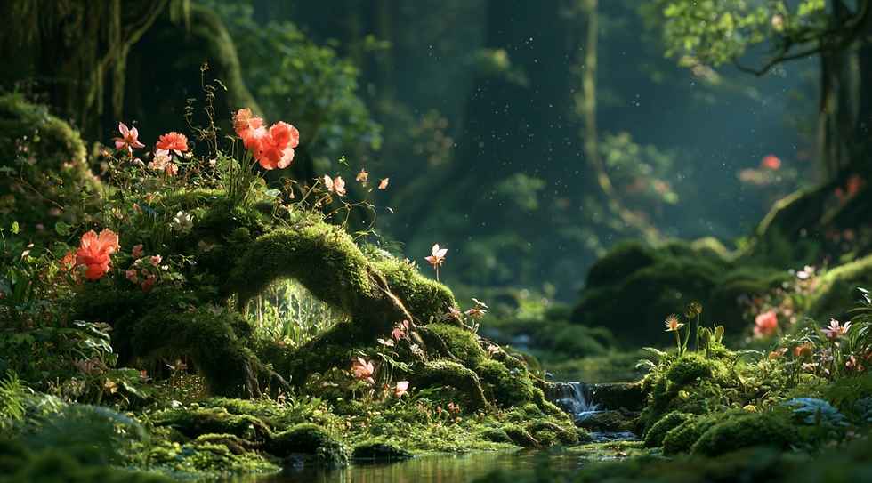 Red flowers blooming in a lush, mossy green forest | relationship therapy for couples