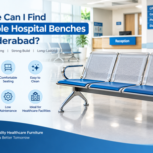 Durable three-seater hospital bench in a modern Hyderabad hospital waiting area, featuring a strong metal frame, cushioned seats, and easy-to-clean surfaces.