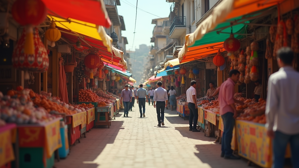 Eye-level view of a vibrant outdoor market filled with colorful stalls