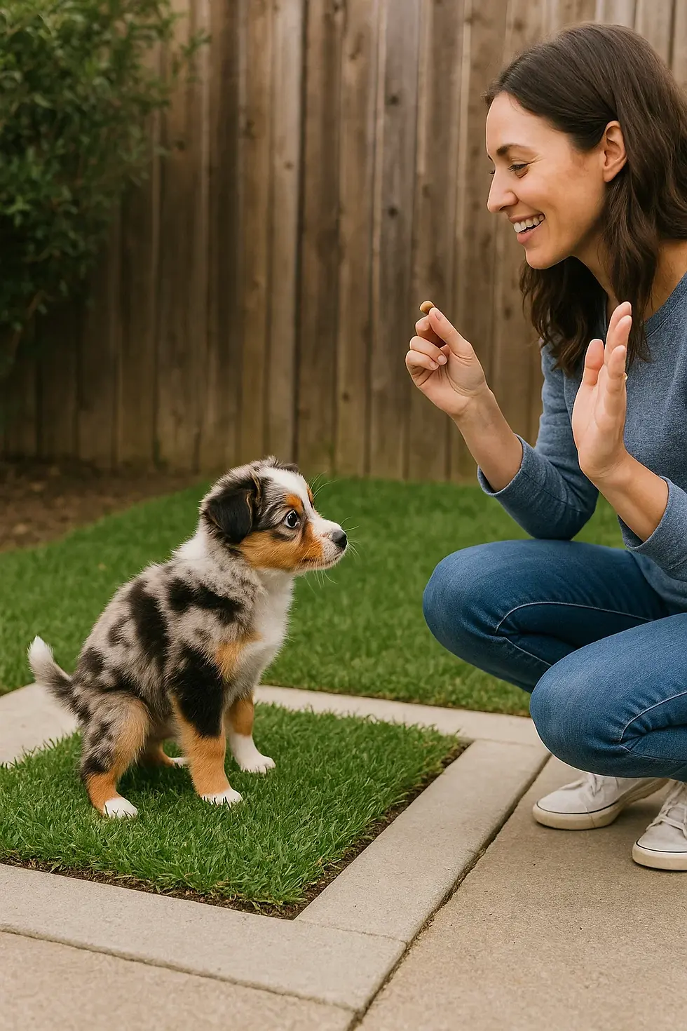 Mini Australian Shepherd puppy going potty at designated potty spot, owner with treat ready giving praise