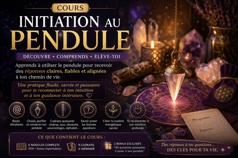 pendule radiesthésie, apprendre pendule, formation pendule débutant, utiliser pendule, cadrans radiesthésie, développement intuitif, connexion spirituelle, guidance pendule, énergie vibratoire, formation spirituelle en ligne