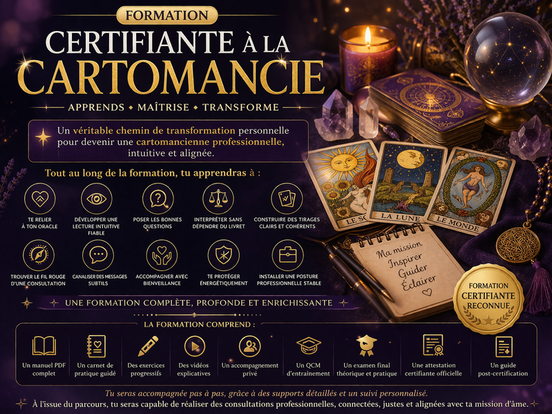 formation cartomancie certifiante, devenir cartomancienne, formation oracle professionnelle, tirage cartes professionnel, formation spirituelle certifiée, métier cartomancie, guidance professionnelle, formation en ligne cartomancie, certification cartomancie