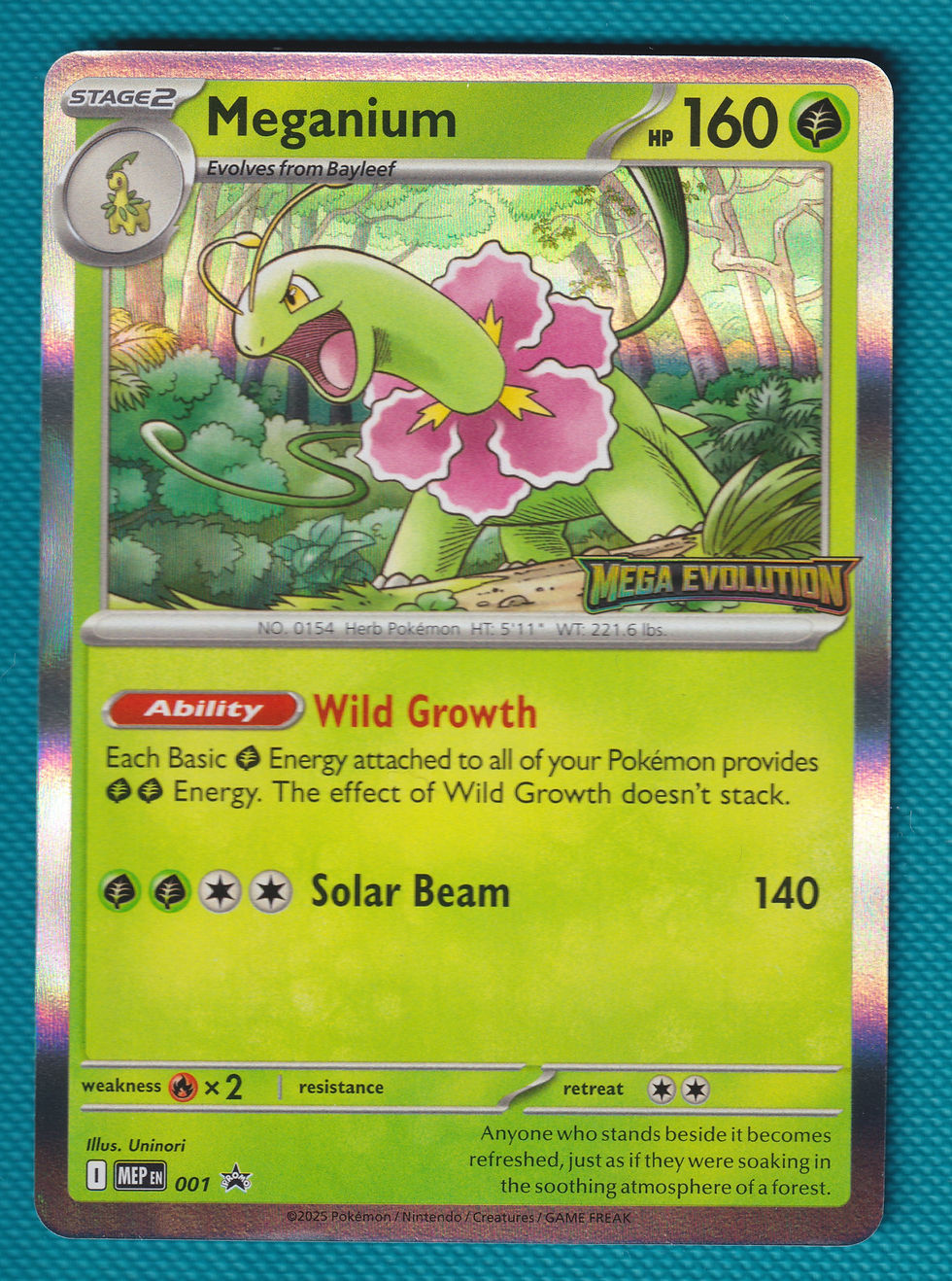 Meganium prerelease promo card MEP 001 from Mega Evolution set – Pokémon TCG (front)