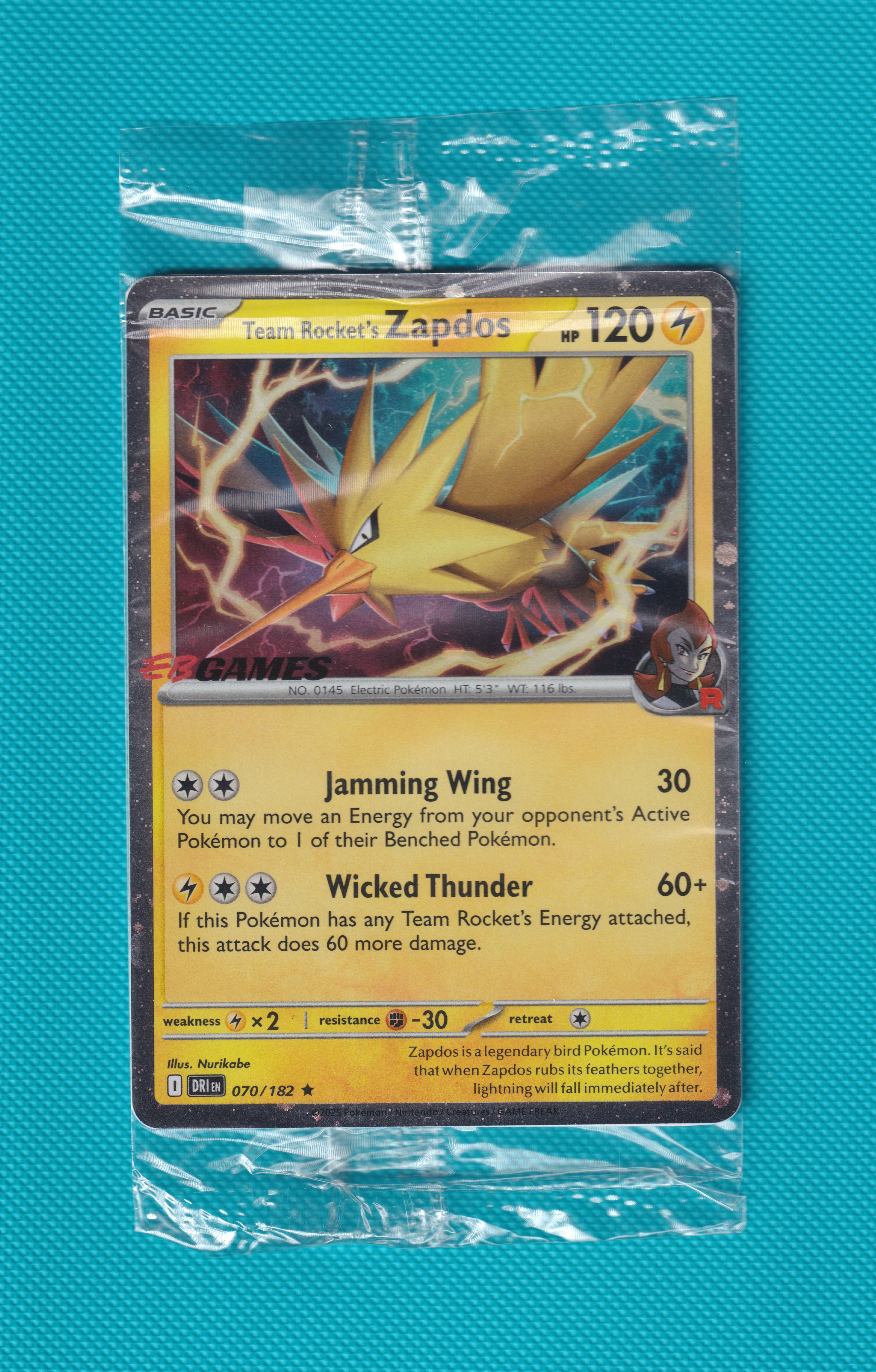 Team Rockets Zapdos 070/182, Sealed EB Games Stamp Promo, Destined DRI Masterset