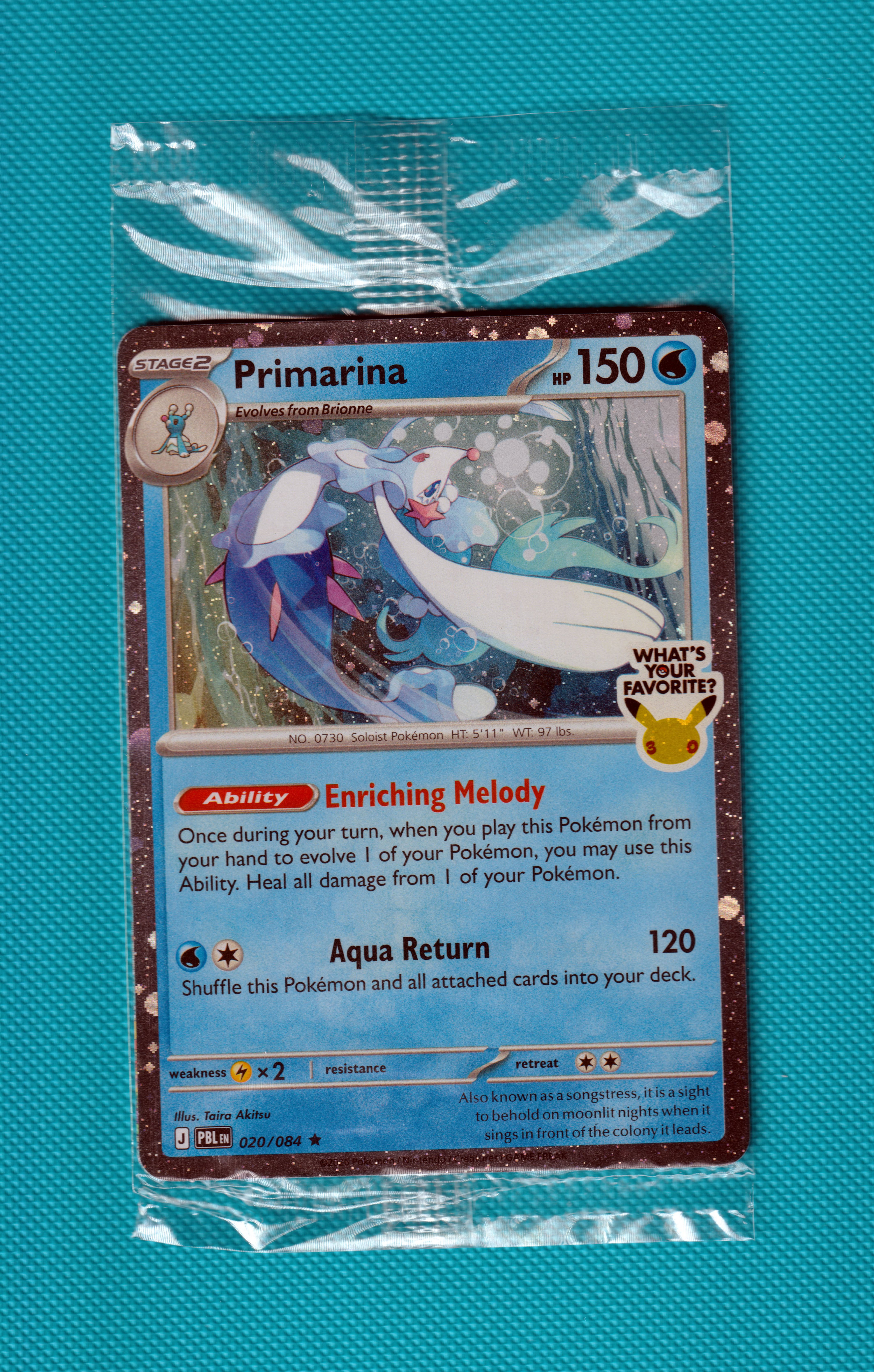 Primarina 020/084, Sealed What's Your Favorite Stamped USA Exclusive PBL Master