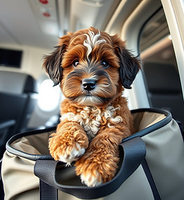 labradoodle Puppy in a carry on bag in airplane .jpg