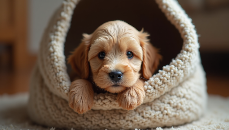 Eye-level view of Australian Labradoodle puppy resting in a cozy crate