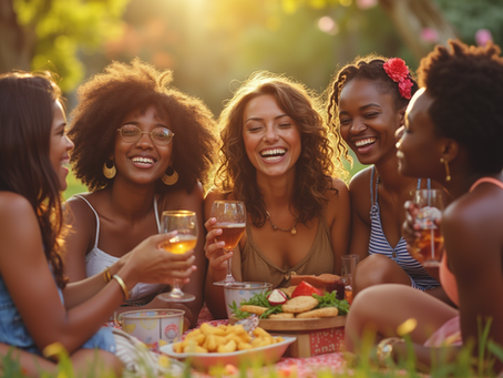 Four women at a park picnic, engaged in conversation about maintaining friendships, inspired by "The Easiest Way to Keep Friends."