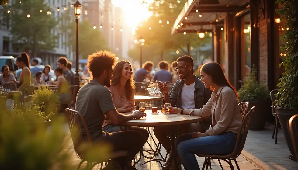 Friends gathered around an outdoor table, sharing laughs and stories, showcasing how to make friends in a new city.