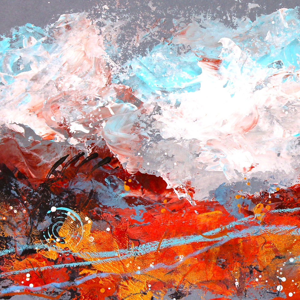 Abstract painting with swirling white, blue, and red brushstrokes over a dark background, creating a dynamic, wild mood. ©Deborah Burrow