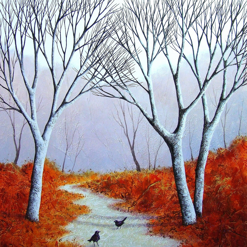 Foggy painted woodland with bare white trees, orange undergrowth, a winding pale path, and two black birds in the foreground. ©Deborah Burrow