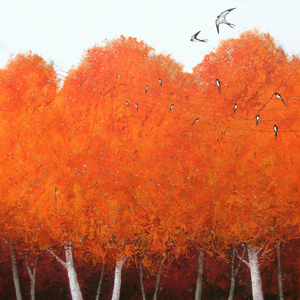 Bright orange autumn trees beneath power lines, with small birds perched and flying against a pale sky. ©Deborah Burrow