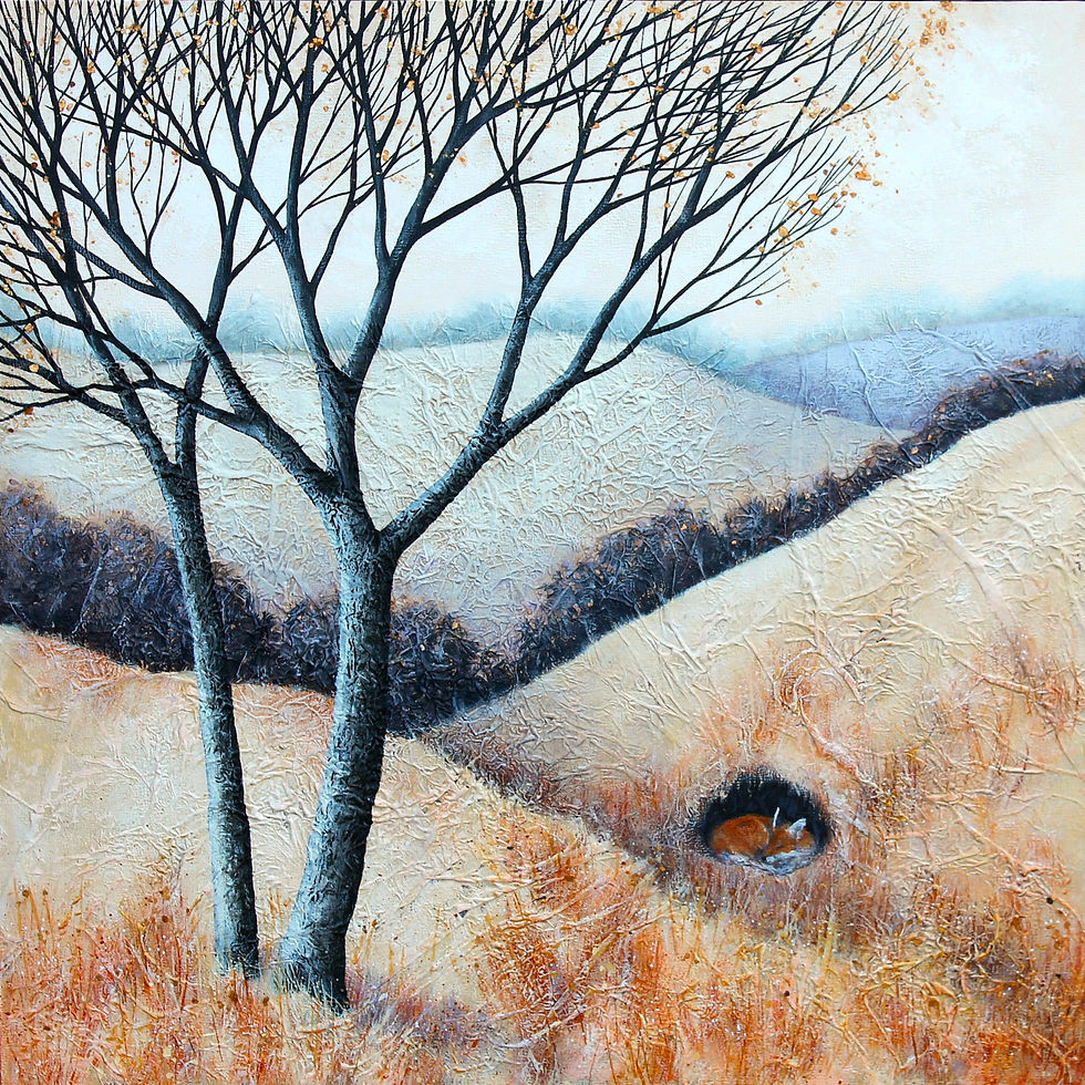 Textured painting of bare trees over pale rolling hills and golden grasses, with orange leaves and a calm autumn mood. ©Deborah Burrow