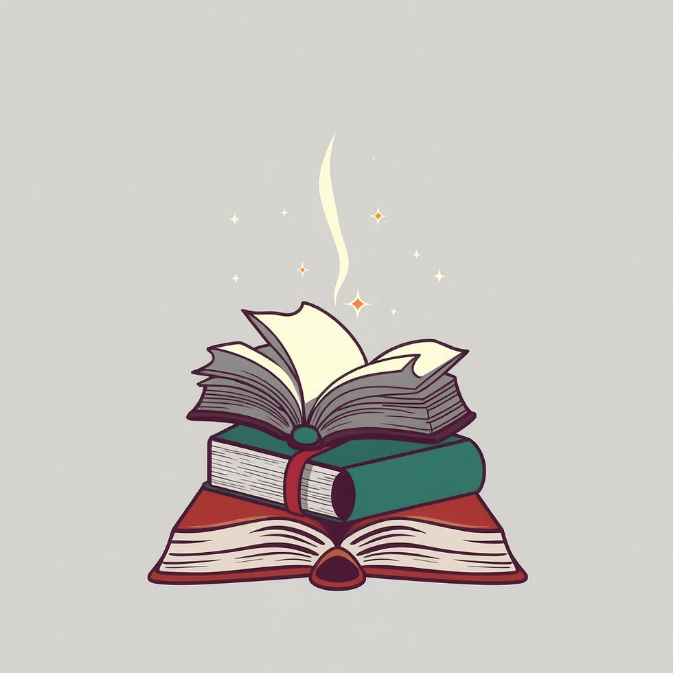 Stacked open books with sparkling pages and floating light atop. Grey background with a magical, mystical vibe.