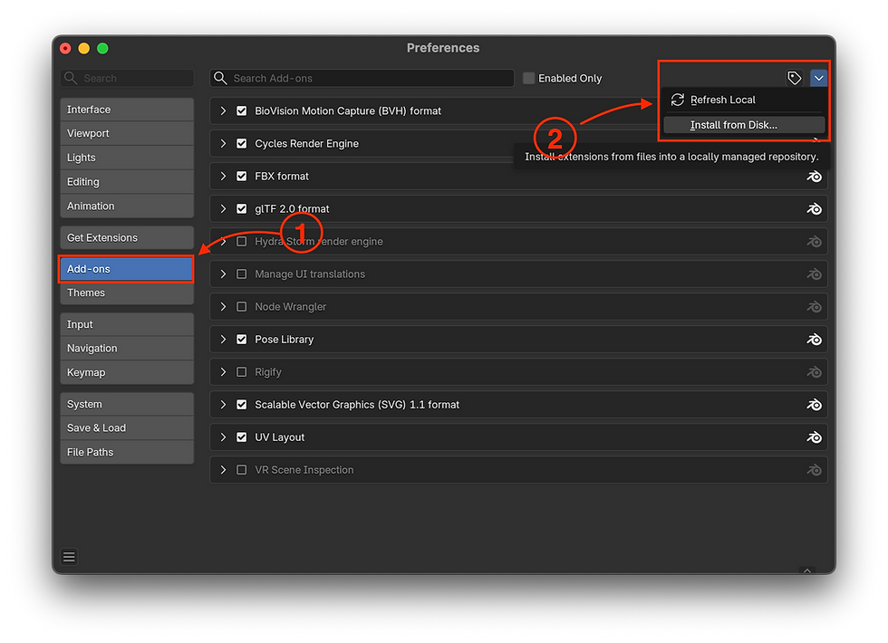 Blender Add-ons panel with Install from Disk button highlighted.