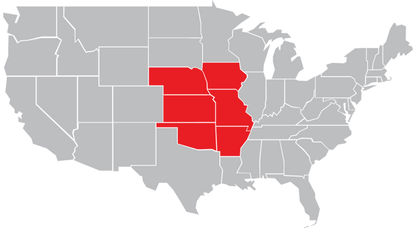 Map with areas of service: Missouri, Arkansas, Iowa, Kansas, Oklahoma, Nebraska