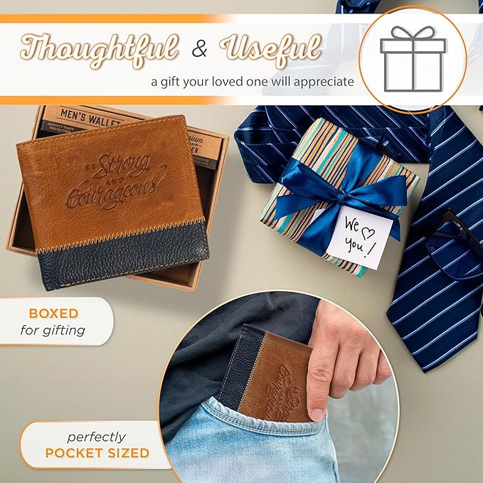 Thumbnail: Strong and Courageous Butterscotch and Navy Genuine Leather Wallet - Joshua 1:9