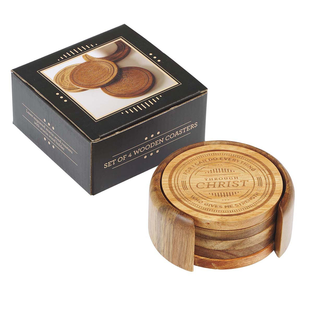Four-piece Assorted Design Acacia Wood Coaster Set