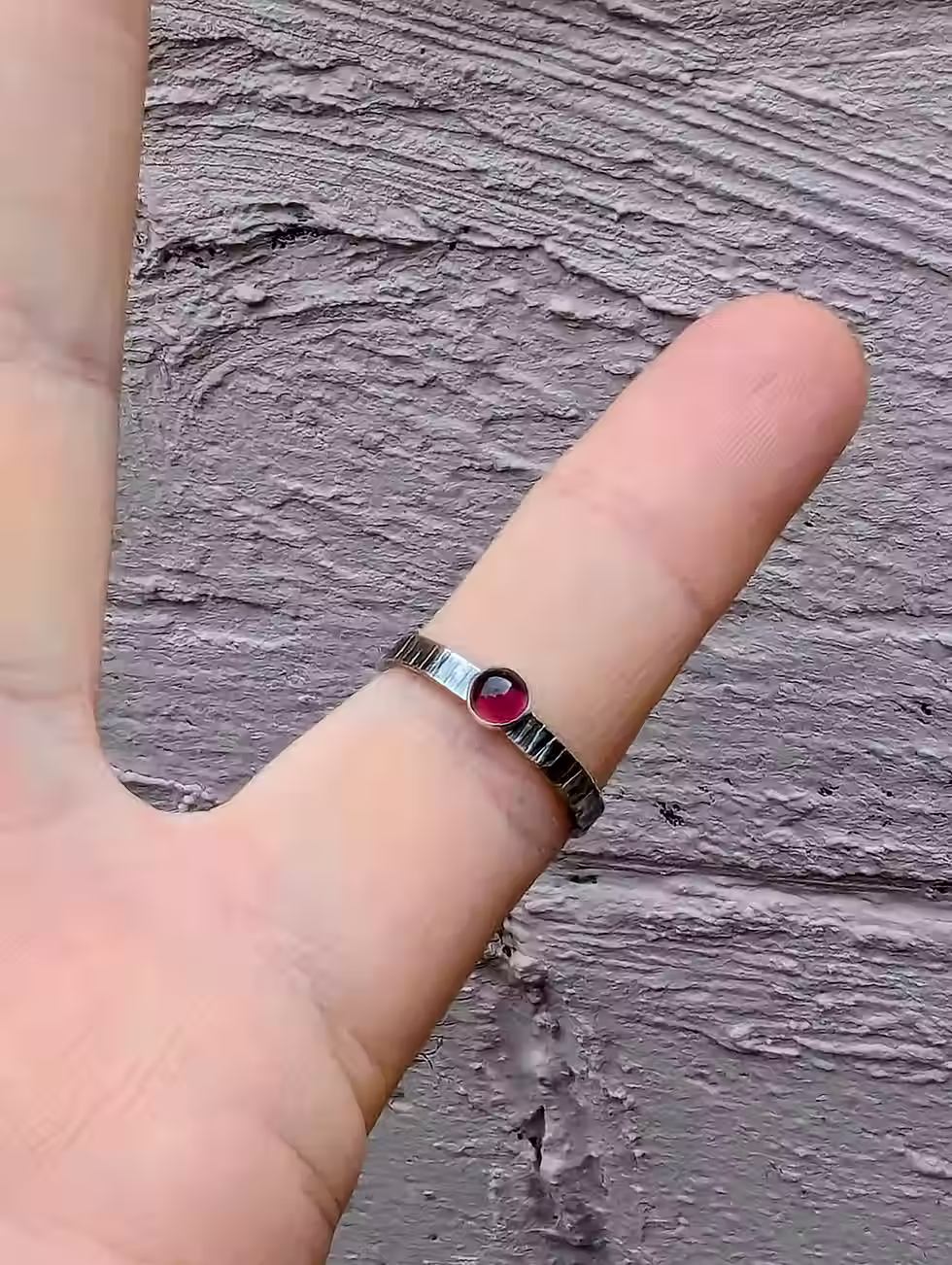 Thumbnail: Hammered Sterling Silver Garnet Ring - Handmade January Birthstone