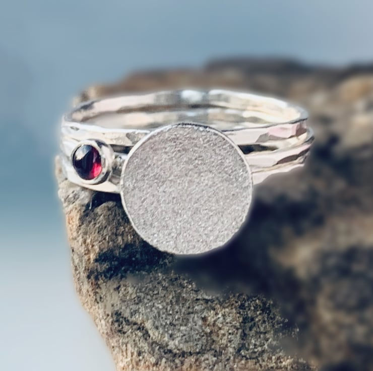Thumbnail: Recycled Sterling Silver Garnet Skinny Ring Stack by Nyaki Punk jewellery