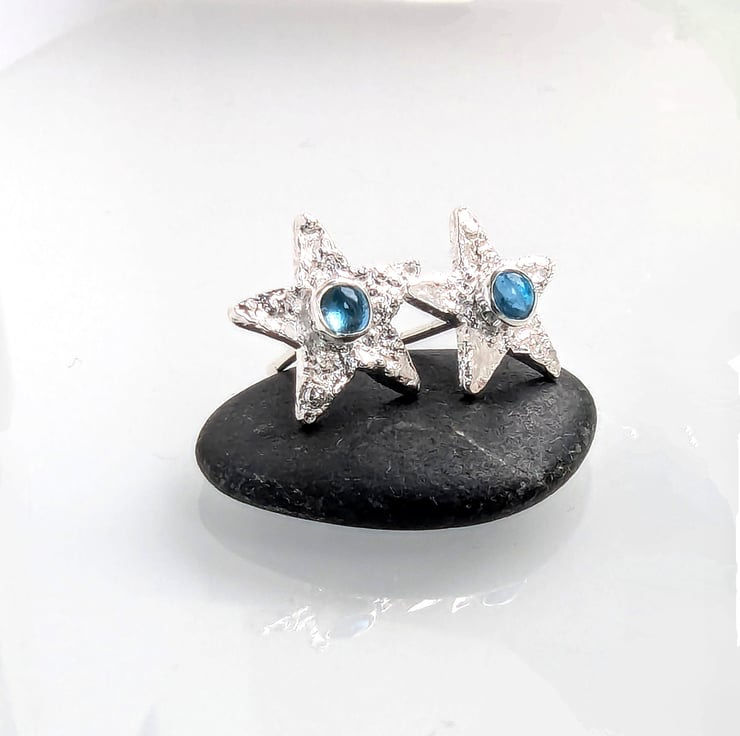 Thumbnail: PUNK STAR TOPAZ Recycled Handmade Sterling Silver Star Swiss Blue Topaz Earrings
