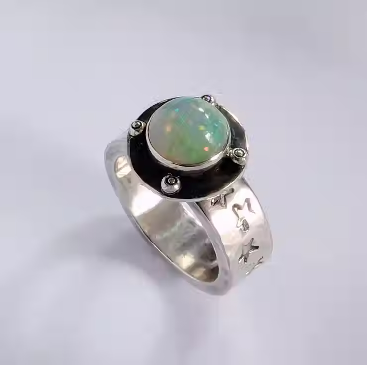 Thumbnail: Liberty Star Sterling Silver Natural Opal Ring, Handmade Urban Design Jewellery