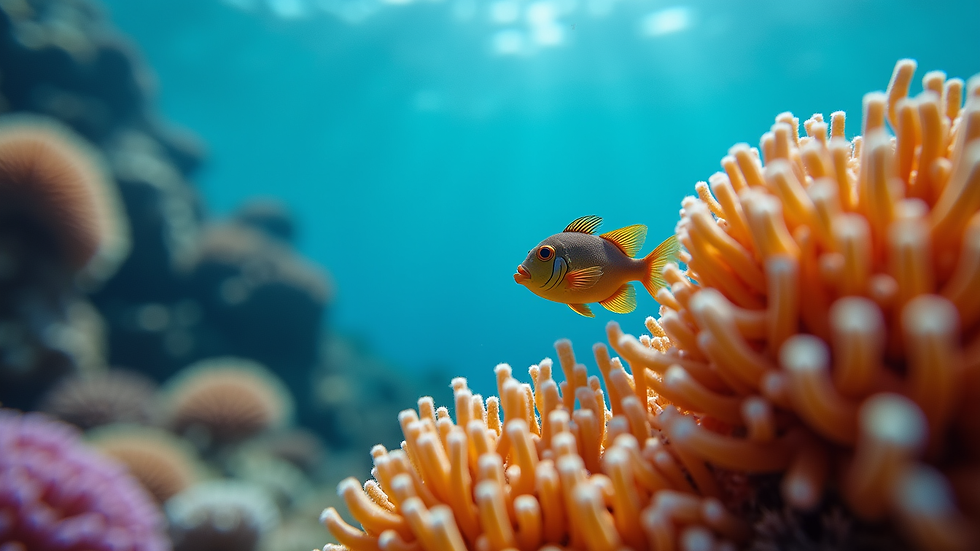 Close-up view of a colourful underwater coral reef with a small fish