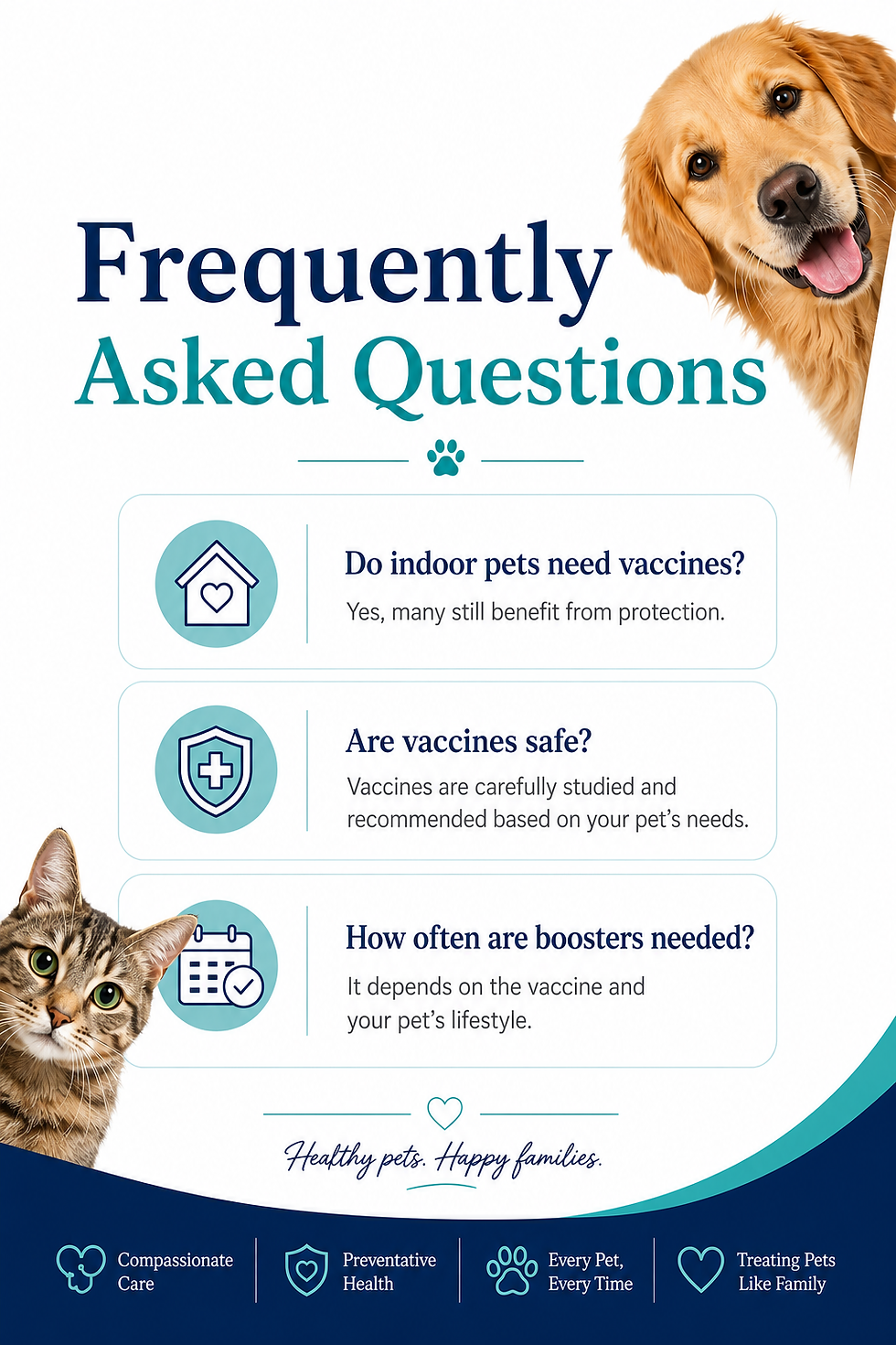 Pet vaccination FAQ poster with smiling golden retriever and cat, white background, and text about vaccines, safety, and boosters.