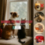 Dog and cat sit by window. Text: National Pet Fire Safety Day. Icons: candle, stove, pet carrier, emergency kit. Mood: alert.