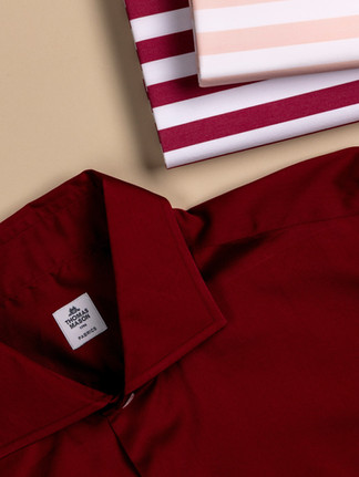 Red Thomas Mason shirt with bold striped shirting cloths in crimson, blush and white