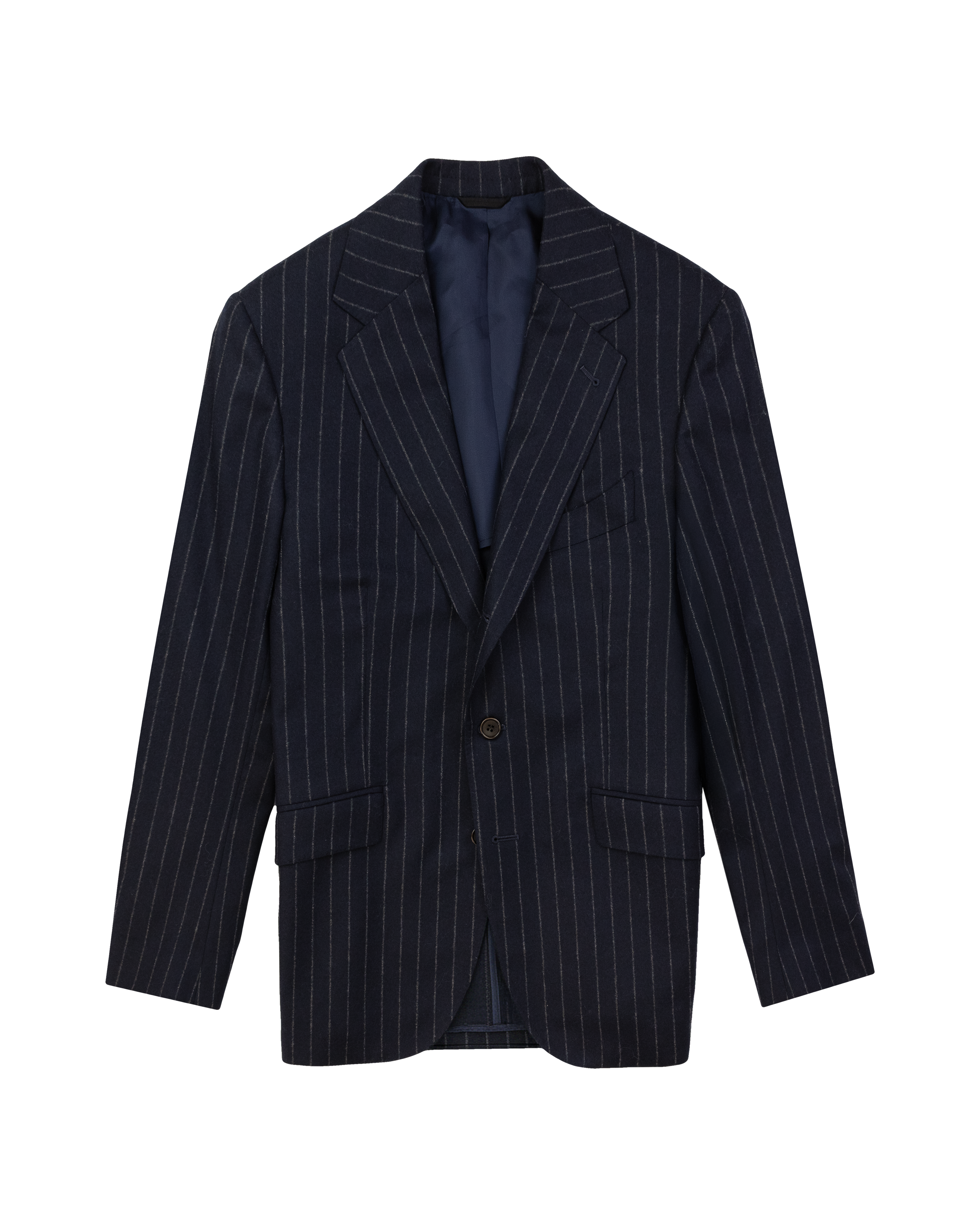 Flat lay photo of wool chalk stripe blazer