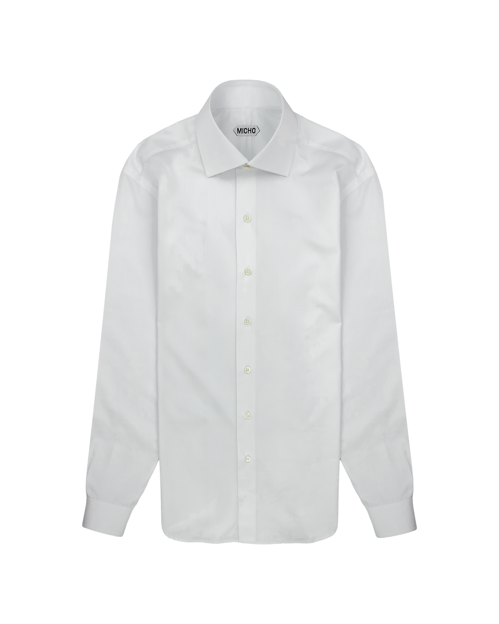 Flay lay photo of a super 140’s cotton poplin shirt with a spread collar and French front.