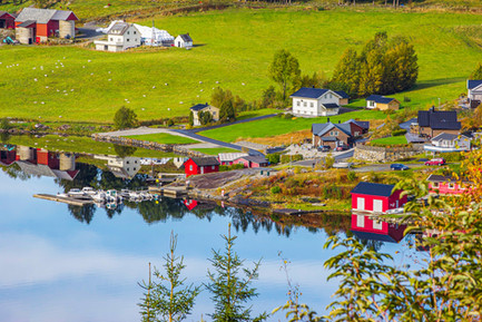 Etne, Norway. Reflection. Norway. Norwegian Fjord. Colorful Houses.