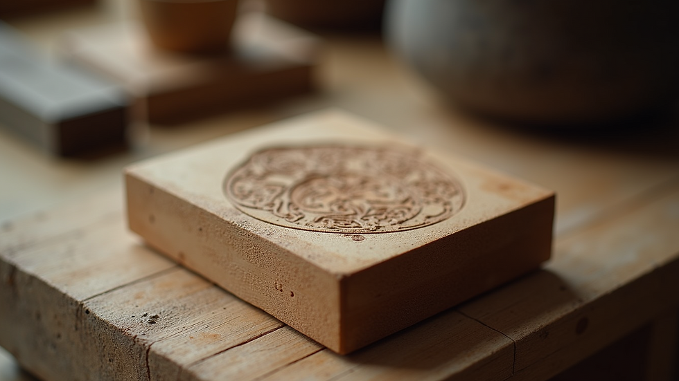 Close-up view of a wooden block used for printing