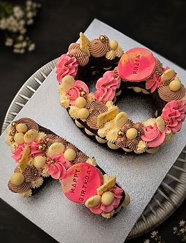 Naked number cake, chocolate sponge with buttercream frosting in pink, cream and latte tones.