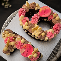 Chocolate naked number cake with pink & neutral tones colour scheme.