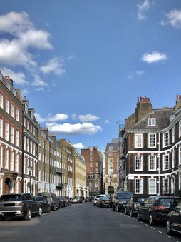 Townhouses along quiet, residential street.