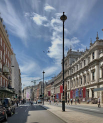 Looking west on Piccadilly, with St. James on the left and Mayfair on the right.