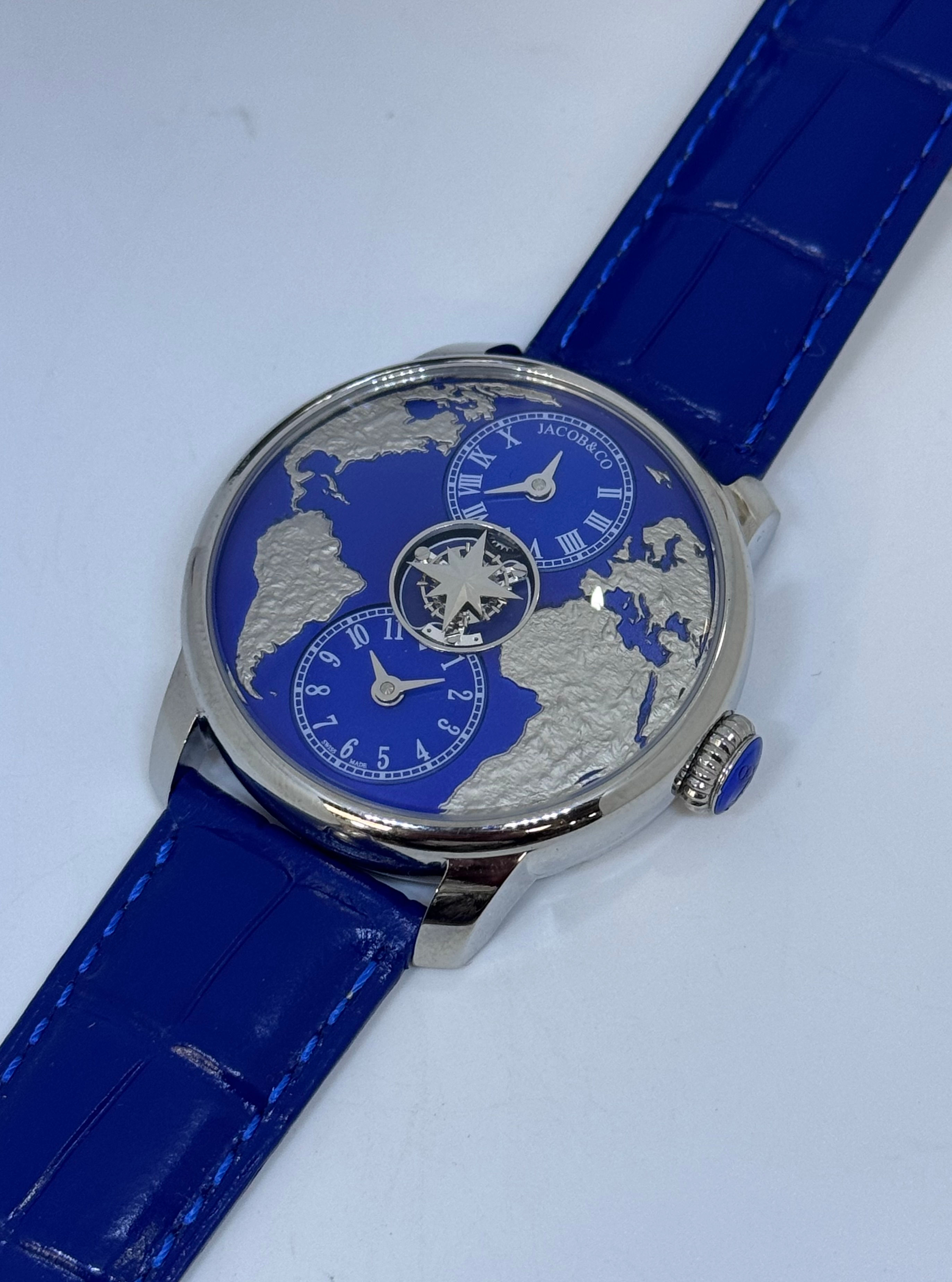 Jacob & Co “The World Is Yours” Dual Time Blue Silver Swiss