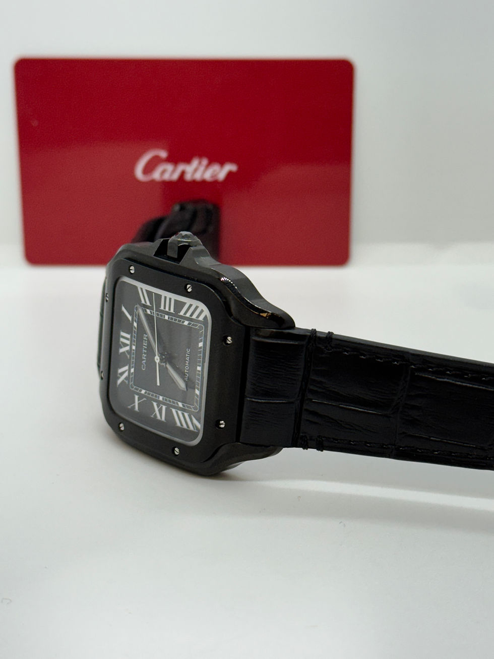 Miniatura: Cartier Santos Large All Black Leather Strap Swiss