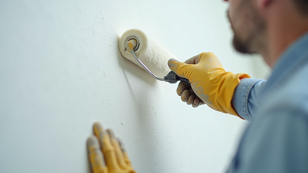 Close-up view of painter applying primer on wall with roller