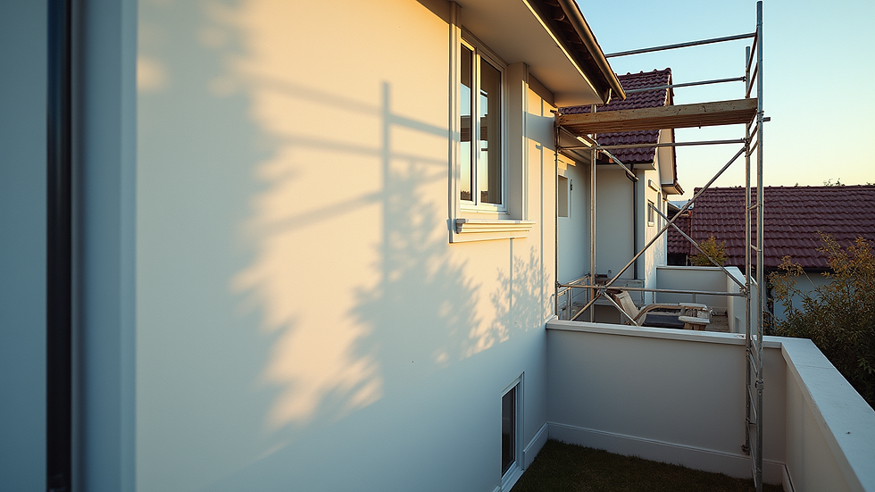 High angle view of exterior house walls being painted with scaffolding