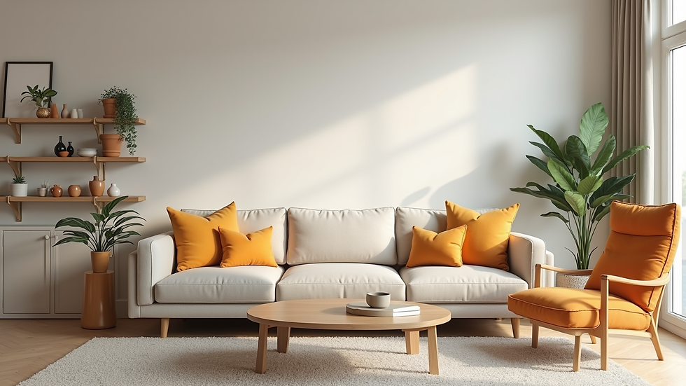 Wide angle view of a freshly painted living room with neutral walls and colorful accents