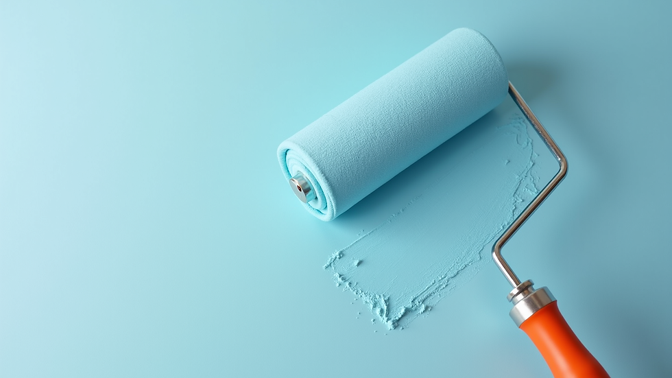 Close-up view of a paint roller applying light blue paint on a smooth wall