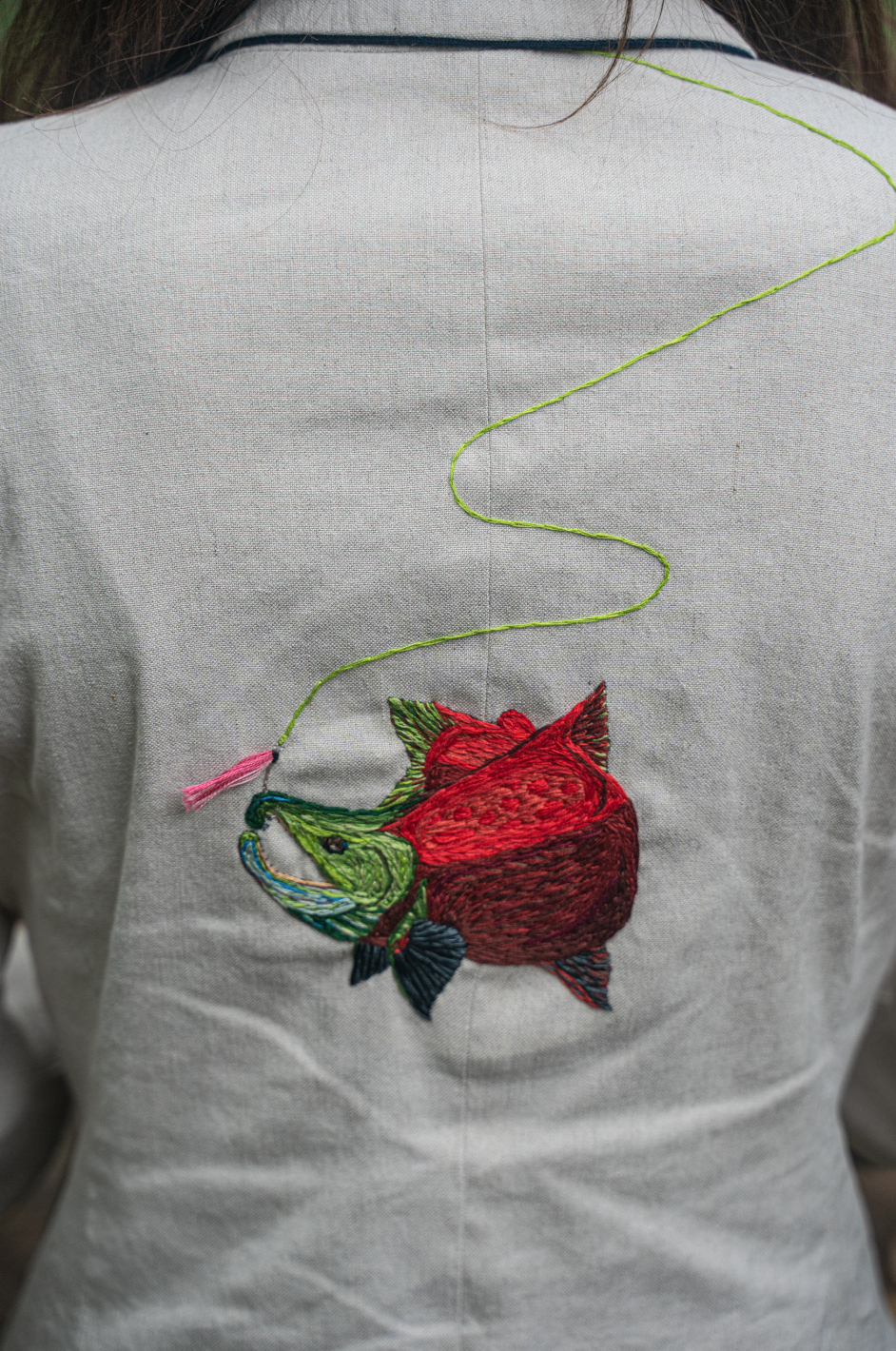 The Jacket Project, Kelli Lorraine Art, Salmon Jacket, Wearable Art, Fishing, Alaska