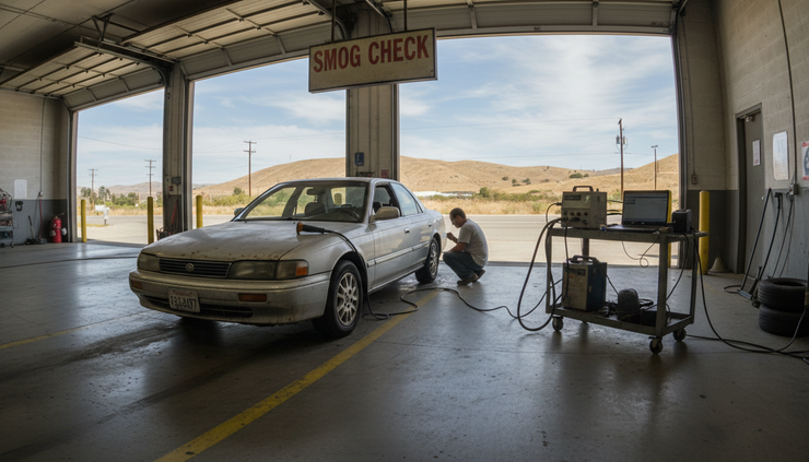 Wide-angle view of a vehicle bay at a smog inspection garage