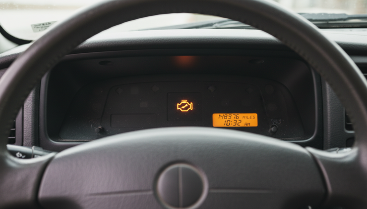 Close-up of a dashboard with an illuminated check engine light.